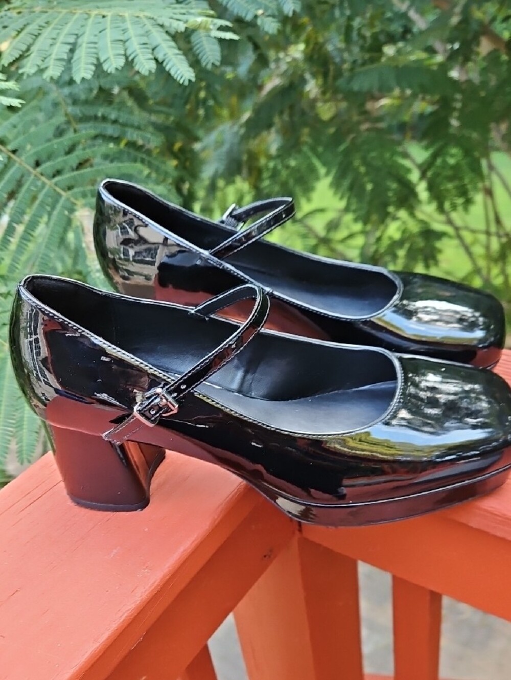 AEROSOLES SHANNON Black Patent  Mary Jane Platform Block Heels  Size 9W - Picture 8 of 17